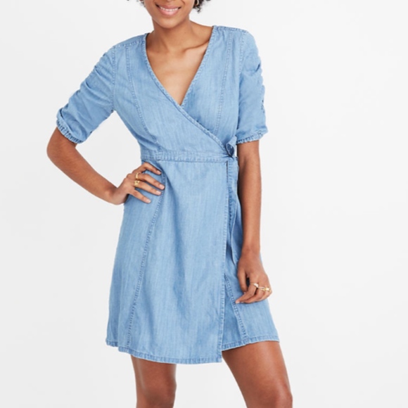 Madewell Dresses & Skirts - MADEWELL Denim Shirred Sleeve Wrap Dress N…
